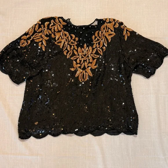 Vintage Silk Elegant Black and Gold Sequin Blouse - Picture 3 of 9